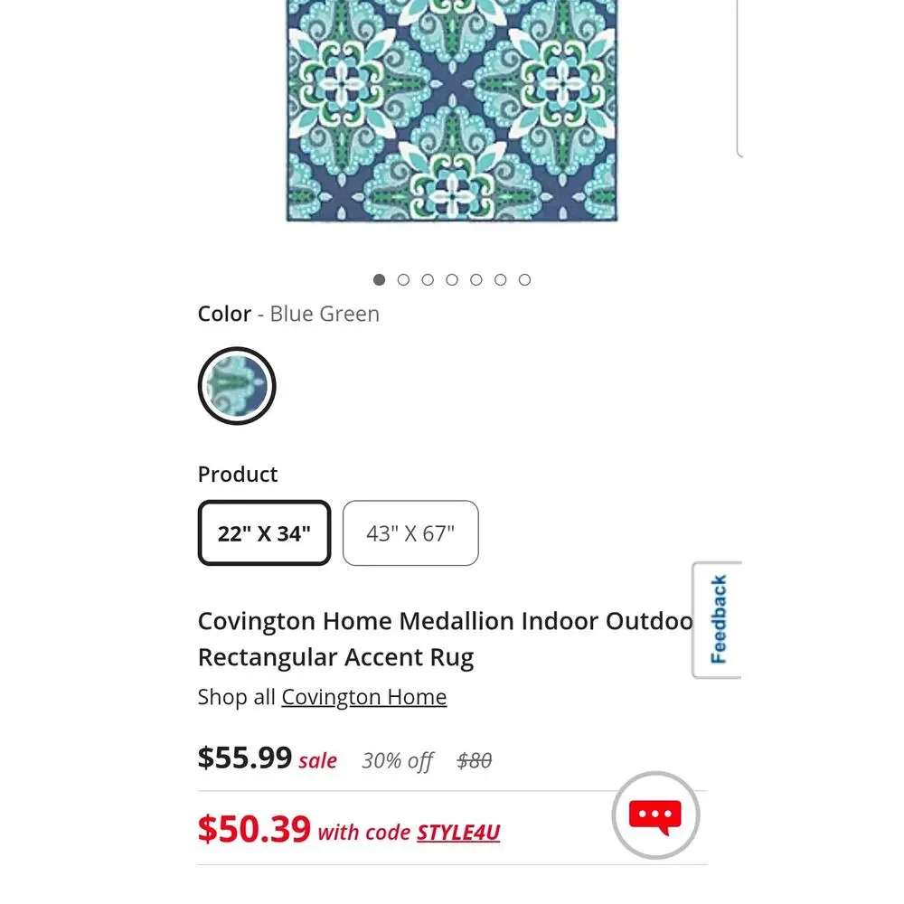 22"x34" Covington Home Medallion Indoor Outdoor Rectangle Accent Rug Blue Green - Picture 4 of 5